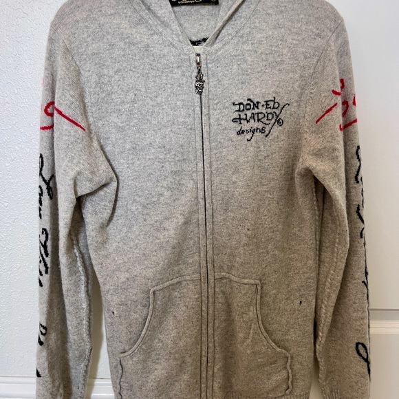Ed Hardy Sweaters - Vintage Ed Hardy Cashmere Light Gray Hoodie with Silver Zipper